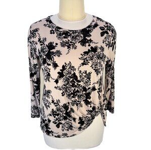 JODIFL Blouse Womens L fits to 2XL Black Cream Floral Long Sleeve Knot Hem